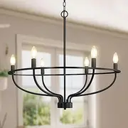 USOR 6-Light Black Chandelier Vintage Candle Farmhouse Iron Pendant Ceiling Light Fixture Wagon Wheel Chandelier Over Table for Dining Room Living Room Kitchen D72.5cmxH65cm E14 Bulbs Included
