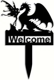 Metal Welcome Stake Garden Sign,Cute Fairy Dragon Metal Decor for Outdoor Yard Art, Garden Decor,Lawn Ornaments