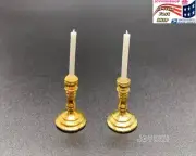 1/12 DIY Dollhouse Miniature 1 Pair Gold Mini Candlesticks White Candles Dec Toy