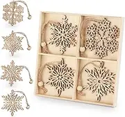 ilauke 12pcs Wooden Snowflakes Decorations 3 inch Christmas Ornaments Wood Hanging Ornament Rustic Farmhouse Christmas Craft Supplies