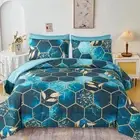 Hexagon Teal Bed in A Bag Queen Size 7 Pieces Geometric Bedding Set Teal Gold