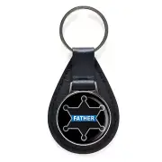 Thin Blue Line Father Sheriff Badge Black Leather Keychain Silver Keyring