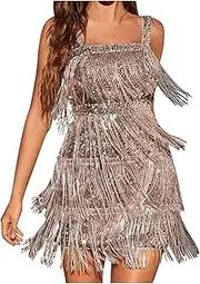 [Generic] Fashion Women's Sparkly Sequin Tassels Fringe Dress V Neck Spaghetti Straps Bodycon Country Concert Outfits Party Clubwear Chic