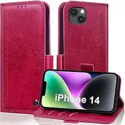 Wallet Case for iPhone 14 6.1 Inch with Card Holder, Premium PU Leather Shockproof Protective Phone Cover, Flip Folio Case iPhone 14 Case, iPhone 14 Wallet Case with Stand Feature iphone14 Case -Red