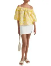 New Tags - SEED HERITAGE Size 12 Or M Yellow Gold Floral Elasticated Cotton Top