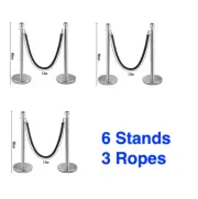 6 SILVER Queue Barriers Bollards VELVET Ropes Crowd Control Bollard Stanchion