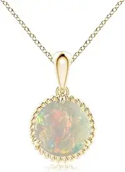 [Angara] Natural Rope-Framed Claw-Set Opal Solitaire Pendant Necklace in 14ct Solid Gold for Women | October Birthstone Jewellery for Her