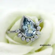 14K White Gold Finish 3CT Pear Shape Real Aquamarine Wedding Floral Jewelry Ring