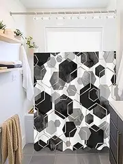 Clblhlolkuy Waterproof Shower Curtain for Bathroom, Grey Black Geometric Texture Lines Hotel Fabric Soft Bath Curtain with Semi-Transparent Top Window & Hooks, 72"x72"