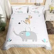 Cute Animals Kids Duvet Cover Set Cartoon Elephant Zebra Giraffe Bedding Set Full Size for Boys Girls Teens Bedroom Decor Grey White Geometry Stripes Comforter Cover All Season Quilt Cover 3pcs
