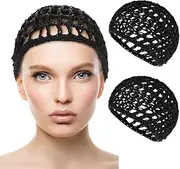 2 PCS Hair Nets Cap Sleeping Hairnet Snoods Wrap Bonnets Long Straight Curl Wig Head Protector Black Mesh Wrapping Crochet Wave Cook Hats Bun Weaving Sew For Women Ballet (Black, One Size)