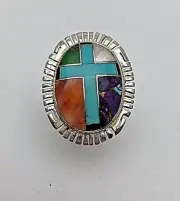 Navajo Sterling Silver .925 22mm x 27mm Round Multi Stone Cross Ring Size 6 1/2
