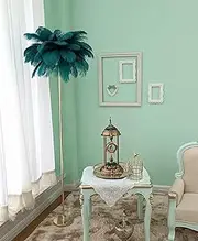 Natural Ostrich Feather Floor Lamp, Simple Modern Bedroom and Living Room Standing Lamp, Golden Lamp Body, G4-LED Bulb (Green)