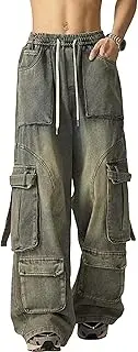 [Zylphorix] Men Retro Elastic High Street Jeans Multi-Pocket Casual Straight Denim Pants Y2K Daily Wide-Leg Loose Trousers, Blue, Small