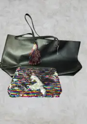 NWT Victorias Secret Black Tote Bag Rainbow Tassel + Rainbow Sequin Wristlet Bag