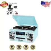 Vintage-Style Bluetooth Record Player with CD Player & AM/FM Radio - Teal Finish