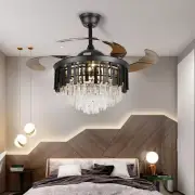 42" Black Crystal Chandelier LED 3-Color Remote Retractable Ceiling Fan w/Lights