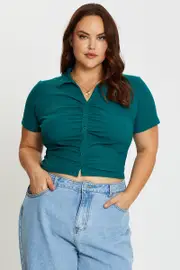 Green Up Top Gathered Front Short Sleeve Slinky Button