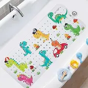 Tubozadi Bath Mat for Tub for Kids Non Slip Baby Bathtub Mat Extra Long 40X16 Inch Anti Slip Bathroom Shower Mat Toddler Bath Tub Mat with Suction Cups & Drain Holes (Dinos)