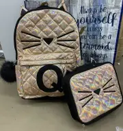 JUSTICE BACKPACK & LUNCHBOX IRIDESCENT GOLD CAT INITIAL “Q” SHIMMERING CUTE!!