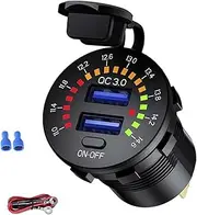 ALAGPNPMZH QC3.0 Dual USB Charger Socket Voltmeter Switch Waterproof 36W 6A USB Outlet Fast Charge for 12V Car Boat Motorcycle Truck Marine Lighter(371 with Wire)