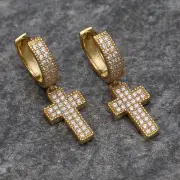 Iced Mens Cz Cross Drop Dangle Style Sterling Silver Hoop Clip on Earrings