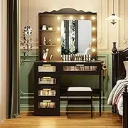 Dystler Makeup Vanity Desk with Mirror and Lights, Vanity Table with 5 Drawers & 2 Shelves, Vanity Set for Bedroom, Dressing Table with 10 Light Bulbs/USB Port/Human Sensor, Black