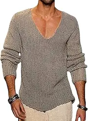 [JEShifangjiusu] Men's Long Sleeved V-Neck Sweater Loose and Fashionable Casual Knitted Top Solid Color Knitted Pullover Sweater
