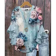 Easter Women's Blouse Floral Graphic Elegant Bohemia Ethnic 3/4 Length Sleeve V Neck Regular Tops Daily Holiday Vacation Wear Ruffle Print White Light Green Bl
