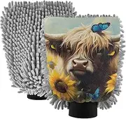 XYMZR Absorbent Microfiber Car Wash Mitt Sunflower Highland Cow, Funny Cute Anime Scratch Free for Cars Cleaning, Home Cleaning Mitts, 2 Pack, 10.24” L x 7.09” W