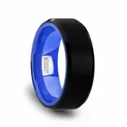 Black Tungsten Flat Band Brushed w/Polished Bevel Edges & Blue Interior - 8mm