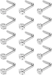 [Kakonia] Hypoallergenic Nose Rings 15Pcs 18G 20G Surgical Stainless Steel Nose Rings Studs L Shaped Screw Studs Rings Cubic Zirconia Nose Ring Labret Lip Nose Piercing Jewelry for Women Men