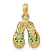 14k Yellow Gold 3D W/ Green Enamel Double Flip-Flop Charm