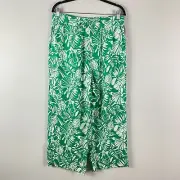 Nicole Miller New York 100% Linen Wide Leg Crop Pants L Green Tropical Pull On
