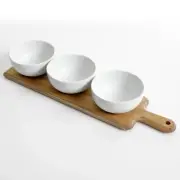 Gibson Gracious Dining 4 Piece Fine Ceramic Tidbit Bowl Set Wood Paddle Base