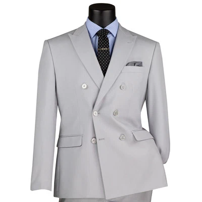 VINCI Men's Silver Stretch Slim-Fit Double-Breasted Suit w/ Flex Waistband - NEW