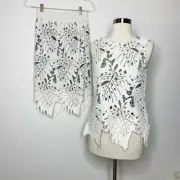 NIC + ZOE Sleeveless White Green Leaf Lace Overlay Skirt Set Elastic Waist NWT