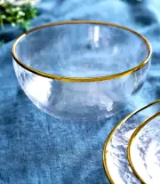 NEW SET 4 ANTHROPOLOGIE TERRAIN IRIDESCENT LUSTERED GOLD RIM TEXTURED GLASS BOWL