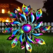 360°Peacock Solar Wind Spinner with Lights Blue Metal Garden Outdoor