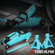 2 Ton Hydraulic Low Profile Trolley Service Floor Jack & 2 Jack Stand Sky Blue