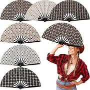 Thyle 6 Pcs Large Folding Fan for Line Dancing Bulk Black Rave Chinese Clack Retro Hand Popping Fan for EDM Festival Club Summer Clapping Party Favour Gift(Western Cowboy)