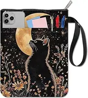 craspire 11 x 8.6 Inch Book Cover with Black Cat Sunflower Moon Protection Book Covers Pocket Books Washable Fabric Bag Handle with Zip Front Pocket for Book Lovers Readers