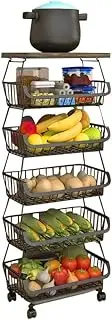 Baotkere 6 Tiers Metal Wire Baskets with Wheels, Kitchen Organizer, Stackable Storage Containers, Fruit and Vegetable Trolley, Dish Rack for Bathroom, Garage and Pantry