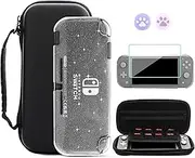 GLDRAM Black Carrying Case for Nintendo Switch Lite, Portable Travel Bag with 8 Game Card Slots, 4 in 1 Accessories Kit with Clear Glitter TPU Protective Shell, Screen Protector and 2 Thumb Grid Caps