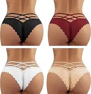 [FULLJOYLOVE] Women's Satin Cheeky Thongs Lace Panties Back Hollow Out Underwear Plus Size Bikini Briefs, 4 Pack-Black+Red+White+Beige, Small