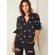 One Teaspoon NWT Black Star Ruffle Long Sleeve Relaxed Denim Shirt Size L