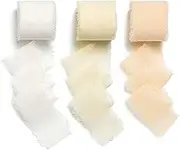 AOKSUNOVA Chiffon Silk Ribbon Fringe Fabric for Gifts Wrapping Bridal Bouquets Decoration Wedding Ribbon Frayed Ribbon White + Champagne 3.8cm x 18.9m