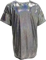 [KKmeter] Kids Boys Girls Short Sleeve T-Shirt Sparkly Metallic Shiny Loose Tops for Performance Party Jazz Dance Costumes