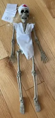Spooky Village Dress Up Skeleton Nurse Hanging Posable Figure 17”