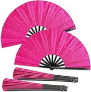 Qyeahkj 2 Pcs Glitter Hot Pink Hand Fan Large Folding Hand Fan Rave Clack Handheld Fans Chinese Tai Chi Kung Fu Fans for EDM Club Party Dance Performance Role Playing Concerts Supplies for Men Women
